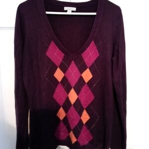 New York & Company Purple V-Neck Sweater with Argyle Pattern